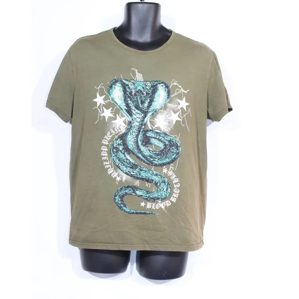 Xray Snake T-Shirt Large Green Khaki Cobra Graphic Print Diamantes Mens - Picture 1 of 7